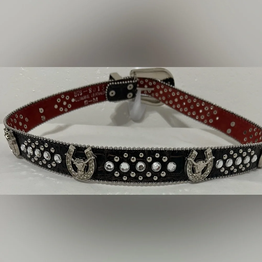 Genuine Leather Bling Western Belt S/M Rhinestone Buckle Bull Horseshoe Conchos
